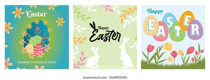 Happy Easter with colorful eggs. Religious celebration on spring. Cute bunnies for Easter. Easter 2025 concept. Set flat vector illustration.