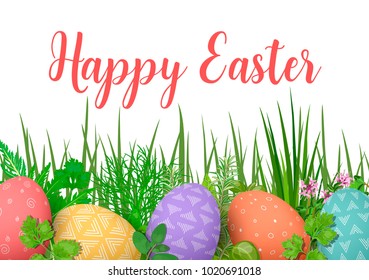 Happy Easter. Easter colorful eggs in row with abstract simple ornaments. white wooden background and floral frame. vector illustration. Herbs, flowers, Postcard template, decoration, poster, design