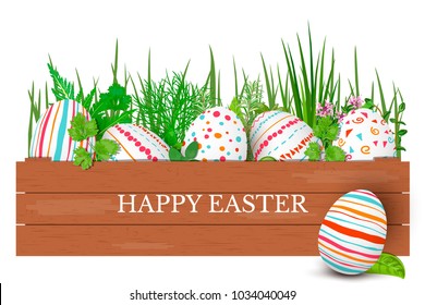 Happy Easter. Easter colorful eggs in row in brown wooden crate with cooking herbs. box with simple ornaments. Scandinavian ornaments. simple orange, red, blue stripes, patterns , confetti,