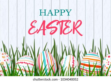 Happy Easter. Easter colorful eggs in row with different simple colorful ornaments. white wooden scandinavian background and grass frame. vector illustration. Postcard template, decoration, label,