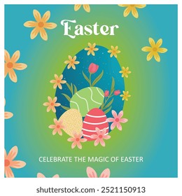 Feliz Páscoa com ovos coloridos. Celebração religiosa tradicional da primavera. Conceito da Páscoa 2025. Ilustração de vetor plano.