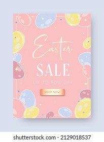 Happy Easter with colorful eggs, tulip flowers. Shopping poster. Easter Sunday design banner