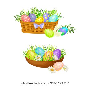 Happy Easter. Colorful eggs in wicker nest and basket cartoon vector illustration
