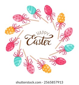 Happy Easter. Colorful Easter Eggs. Wreath for design and decoration. Vector illustration. Isolated background.