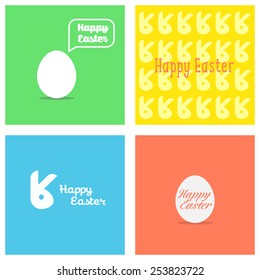 Happy easter colorful flat cards illustration with easter eggs, easter bunny, easter rabbit and font.
