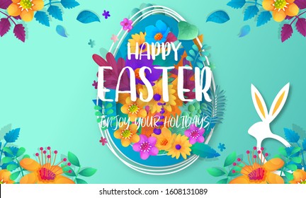 Happy easter with colorful flower and rabbit background vector