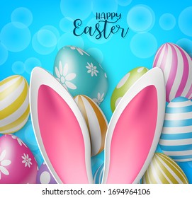 Happy Easter colorful flyer or poster background with eggs and bunny ears. Vector illustration.