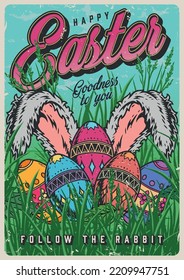 Happy Easter colorful flyer vintage rabbit ears among beautiful chicken eggs with Easter pattern on green grass vector illustration