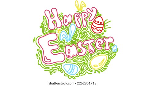 Happy Easter colorful funny doodle hand draw lettering. Vector text for invitation and postcards.