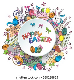 Happy easter colorful greeting card in vector. Text is written on the circle in the middle of illustration.  Funny rabbits, cakes, spring flower and basket. Stylish holiday background in cartoon style