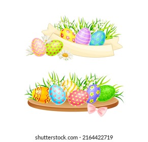 Happy Easter. Colorful holiday eggs, traditional symbol of Easter cartoon vector illustration