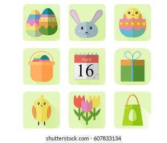 Happy Easter Colorful Icons. Vector Illustration. Spring Holiday. Set of Flat Rectangle Items with Long Shadow.