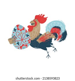 happy Easter. Colorful Easter illustration congratulations on Easter. A cheerful rooster with painted Easter egg.