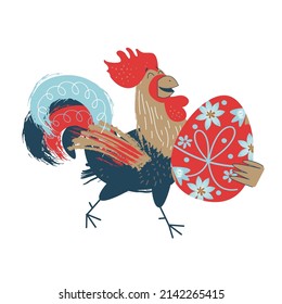 happy Easter. Colorful Easter illustration congratulations on Easter. A cheerful rooster with painted Easter egg.