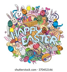Happy Easter colorful illustration isolated on white background with cute cartoon elements. For greeting cards, ads, posters, t-shirts design. Funny rabbits, cakes, spring flowers and baskets. Vector