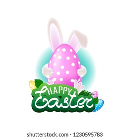 Happy easter colorful label with calligraphic inscription hare ears and painted eggs on the lawn. Vector template for invitation, congratulation, postcard or banner