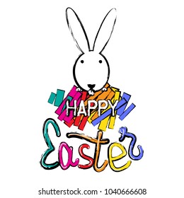 Happy Easter colorful lettering with a bunny for greeting card. Vector illustration