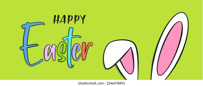 Happy Easter colorful lettering and bunny ears with green background. Cartoon.Vector illustration