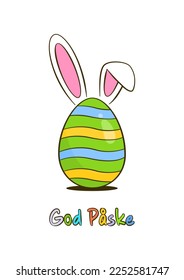 Happy Easter colorful lettering in Danish with Easter egg and bunny ears. Cartoon. Vector illustration. Isolated on white background