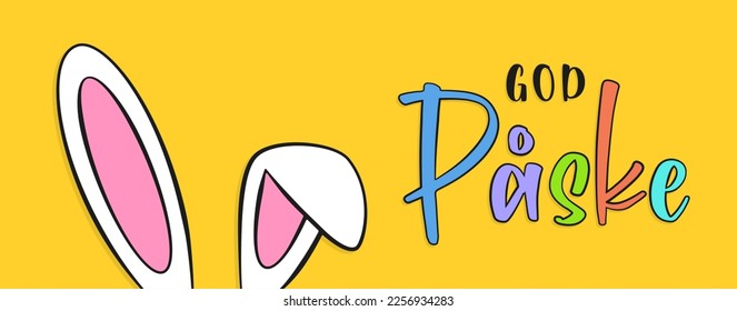 Happy Easter colorful lettering in Danish and bunny ears. Yellow background. Banner. Cartoon. Vector illustration