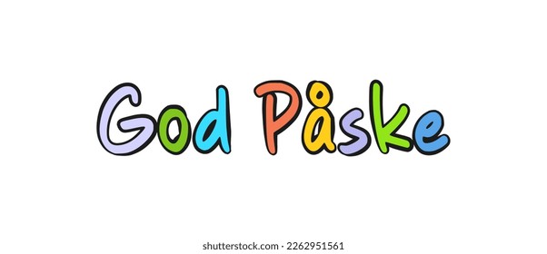 Happy Easter colorful lettering in Danish. Cartoon. Vector illustration. Isolated on white background