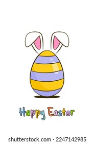 Happy Easter colorful lettering with Easter egg and bunny ears. Cartoon. Vector illustration. Isolated on white background