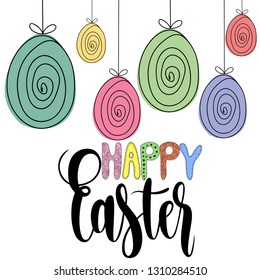 Happy Easter colorful lettering with eggs , holiday poster. Vector illustration.For greeting card,promotion,poster,flyer,web-banner, invitation,cover,wallpaper,card,template.
