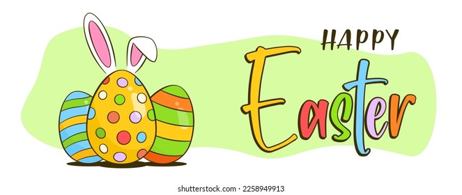 Happy Easter colorful lettering and Easter eggs with bunny ears. Easter greeting banner. Cartoon. Vector illustration