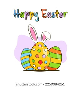 Happy Easter colorful lettering and Easter eggs with bunny ears. Easter greeting card. Cartoon. Vector illustration
