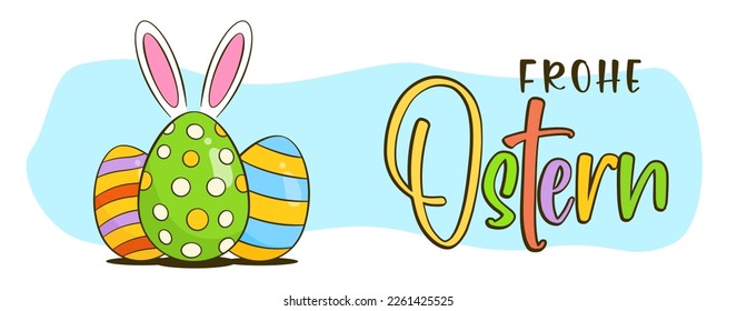 Felices letras de colores de Pascua en alemán y huevos de Pascua con orejas de conejo. Cartel de saludo de Pascua. Caricatura. Ilustración del vector