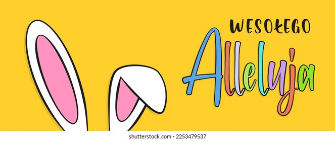 Happy Easter colorful lettering in Polish and bunny ears. Yellow background. Cartoon.Vector illustration