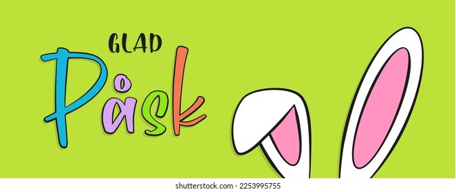 Happy Easter colorful lettering in Swedish (Glad Påsk) and bunny ears. Green background. Cartoon.Vector illustration