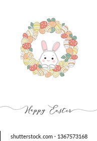 Happy Easter colorful lettering with Easter wreath, decorated eggs and bunnies. Modern Greeting Easter card.