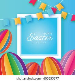Happy Easter. Colorful Paper cut Easter Egg, flags. Square frame