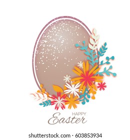 Happy Easter. Colorful Paper cut Easter Egg, Flower.