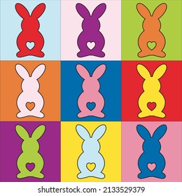 Happy easter colorful pattern. Easter rabbits on colored squares background. Design vector illustration