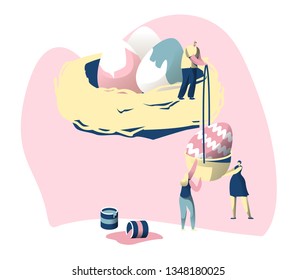 Happy Easter Colorful Poster. Cute Man and Woman Character Stack up Decorate Painting Egg into Nest. Traditional Religious Spring Holiday Concept. Design Card Flat Cartoon Vector Illustration