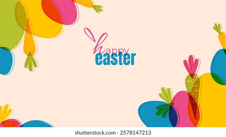 Happy Easter Colorful in risograph effect. Ft typography, overlapping carrot and egg in vibrant hues, Modern minimal style. Horizontal poster, greeting card, and festive designs, vector illustration
