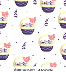 Happy Easter colorful seamless pattern with egg basket and floral branches. Cute cartoon spring holiday texture.