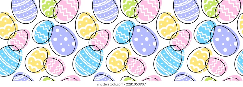 Happy Easter colorful seamless pattern with bright eggs and geometric ornate. Vector illustration.