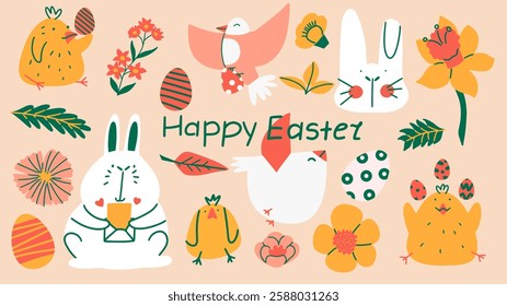 Happy Easter colorful set with funny vector elements. Hand-drawn cartoon Easter bunny, birds, eggs and chickens. 