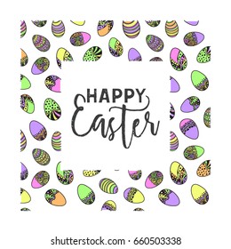 Happy Easter colorful square frame of handdrawn zentangle eggs on white background. Doodle holiday design element for greeting card, banner, poster, invitation, postcard. Vector illustration.