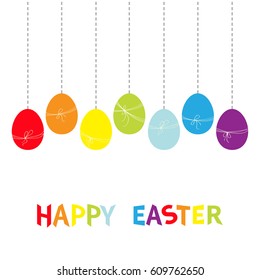 Happy Easter colorful text. Hanging rainbow color painted egg set. Thread bow. Dash line. Seven painting egg shell. Greeting card. Flat design style. Cute decoration element. White background. Vector