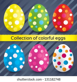 Happy easter colorful textured eggs (collection). Vector set of painted eggs (decoration). Circles on eggs (icons).