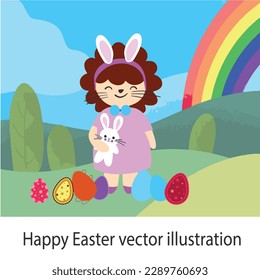 Happy Easter - colorful vector cute flat illustration for children, small girl with bunny toy and Easter eggs