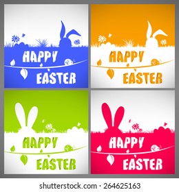 Happy easter colorful vector illustration cards Set with the big-eared rabbits silhouettes on the meadow