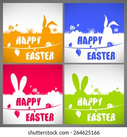 Happy easter colorful vector illustration cards Set with the big-eared rabbits silhouettes on the meadow
