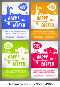Happy easter colorful vector illustration Flyer templates Set with the big-eared rabbits and chicken silhouettes on the meadow