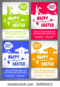 Happy easter colorful vector illustration Flyer templates Set with the big-eared rabbits and chicken silhouettes on the meadow