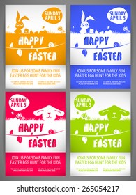 Happy easter colorful vector illustration Flyer templates Set with the big-eared rabbits and chicken silhouettes on the meadow
